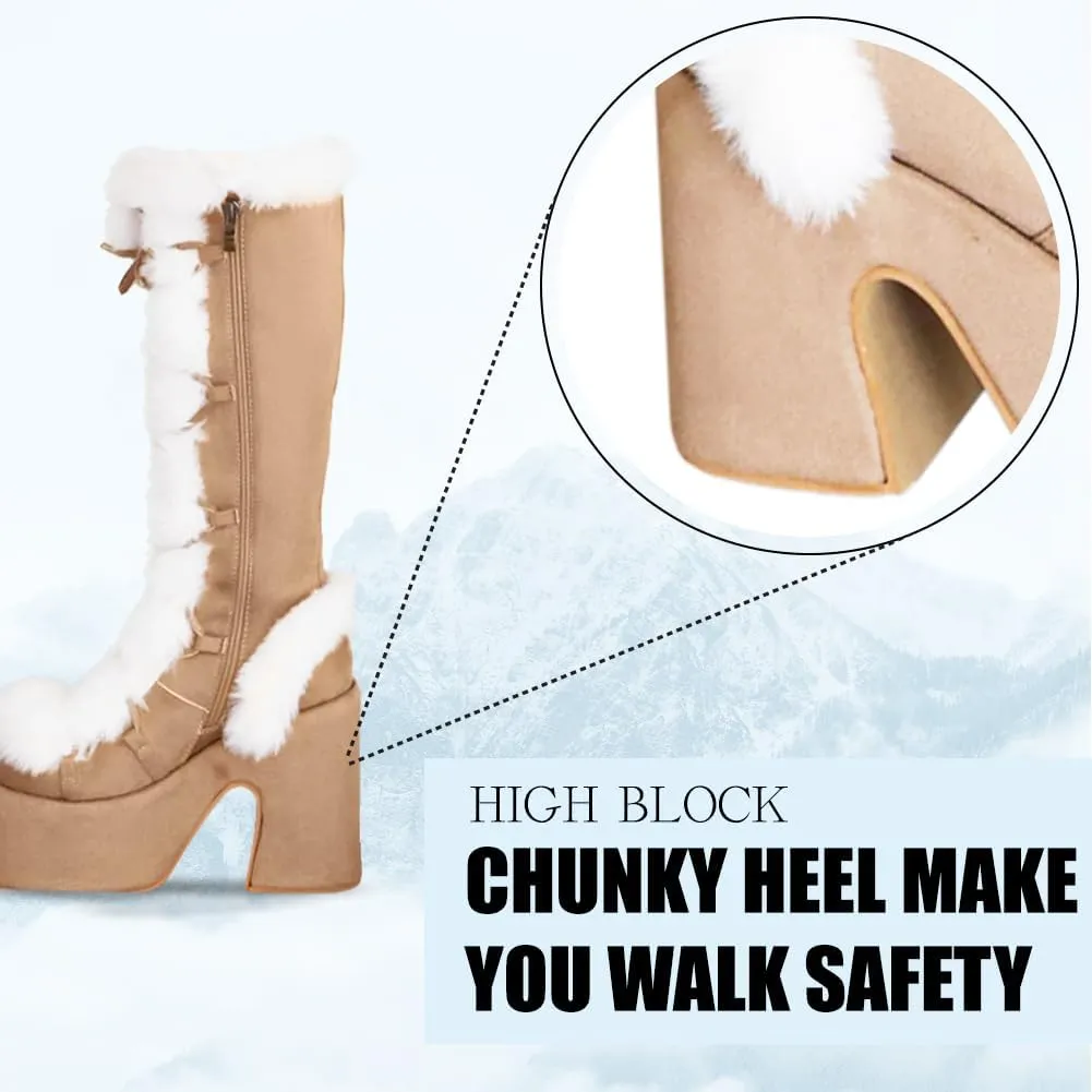 CELNEPHO Knee High Boots For Womens Side Zipper Warm Faux Fur Platform Chunky Heel Punk Goth Walking Winter Snow Boots