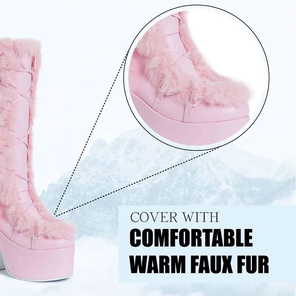 CELNEPHO Knee High Boots For Womens Side Zipper Warm Faux Fur Platform Chunky Heel Punk Goth Walking Winter Snow Boots