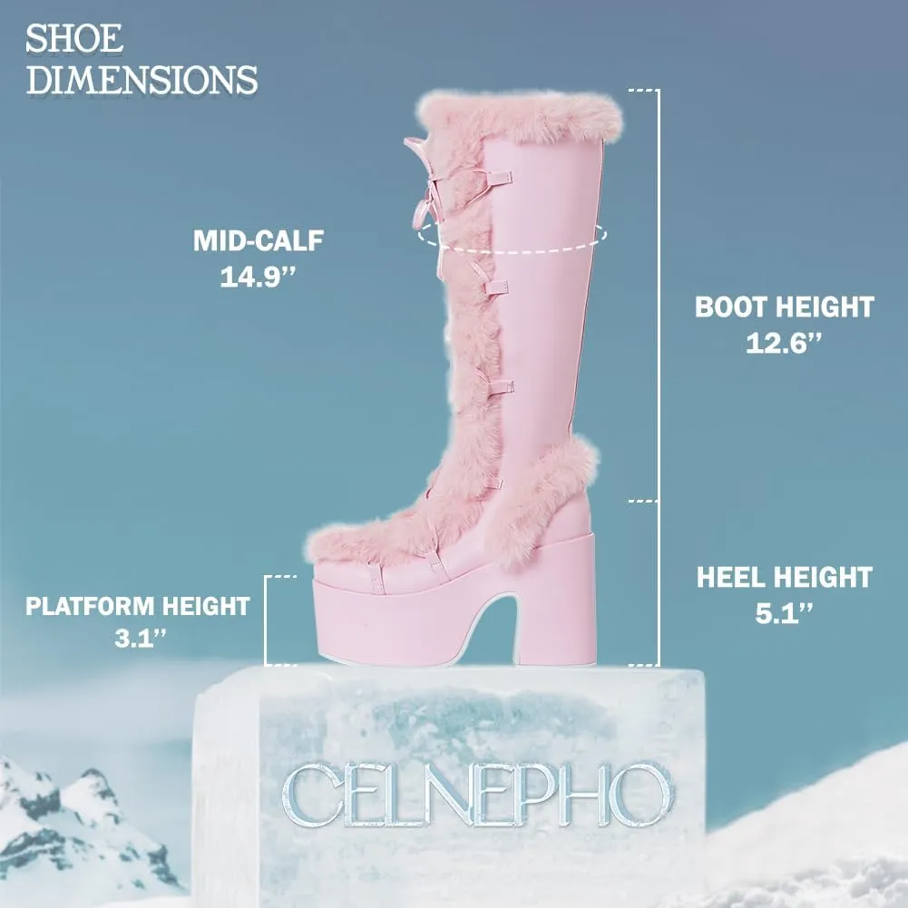 CELNEPHO Knee High Boots For Womens Side Zipper Warm Faux Fur Platform Chunky Heel Punk Goth Walking Winter Snow Boots