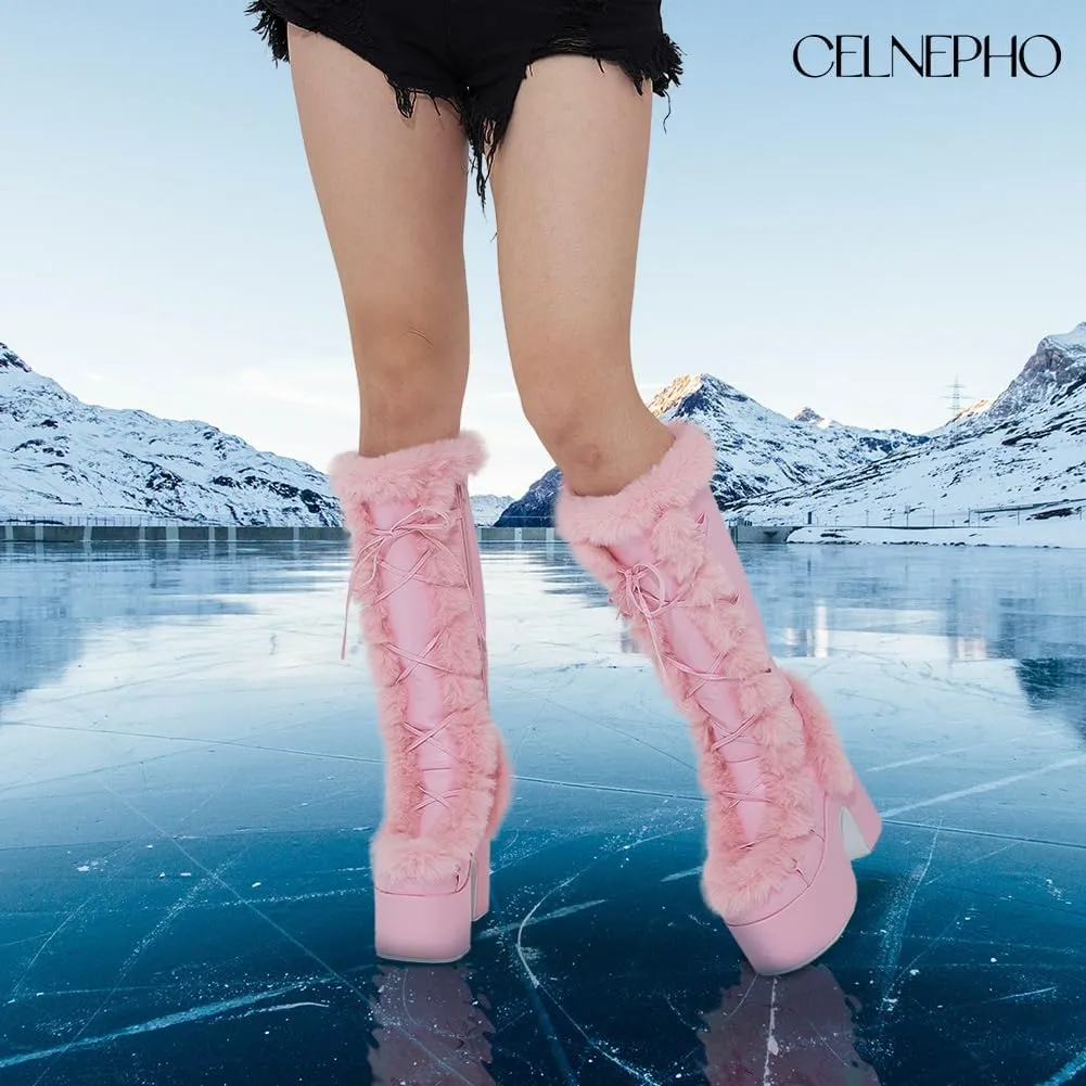 CELNEPHO Knee High Boots For Womens Side Zipper Warm Faux Fur Platform Chunky Heel Punk Goth Walking Winter Snow Boots