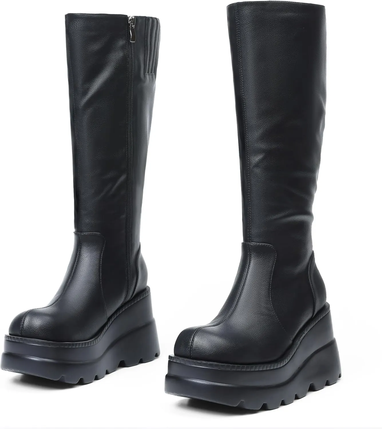 CELNEPHO Womens High Platform Mid Calf Wedges Chunky High Heel Round-Toe Side Zip Punk Combat Boots For Women