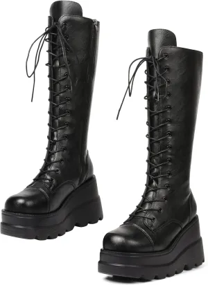 CELNEPHO Womens High Platform Mid Calf Wedges Chunky High Heel Round-Toe Side Zip Punk Combat Boots For Women
