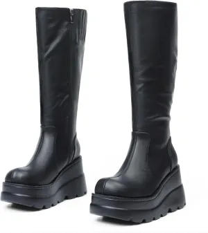 CELNEPHO Womens High Platform Mid Calf Wedges Chunky High Heel Round-Toe Side Zip Punk Combat Boots For Women