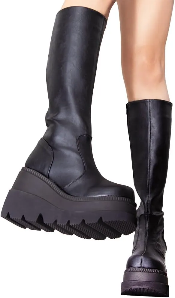 CELNEPHO Womens High Platform Mid Calf Wedges Chunky High Heel Round-Toe Side Zip Punk Combat Boots For Women