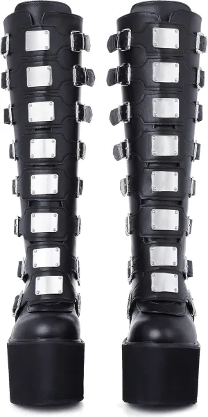 CELNEPHO Womens Wedge Platform Knee High Boots High Heel Round-Toe Zip Punk Goth Mid Calf Combat Boots For Women