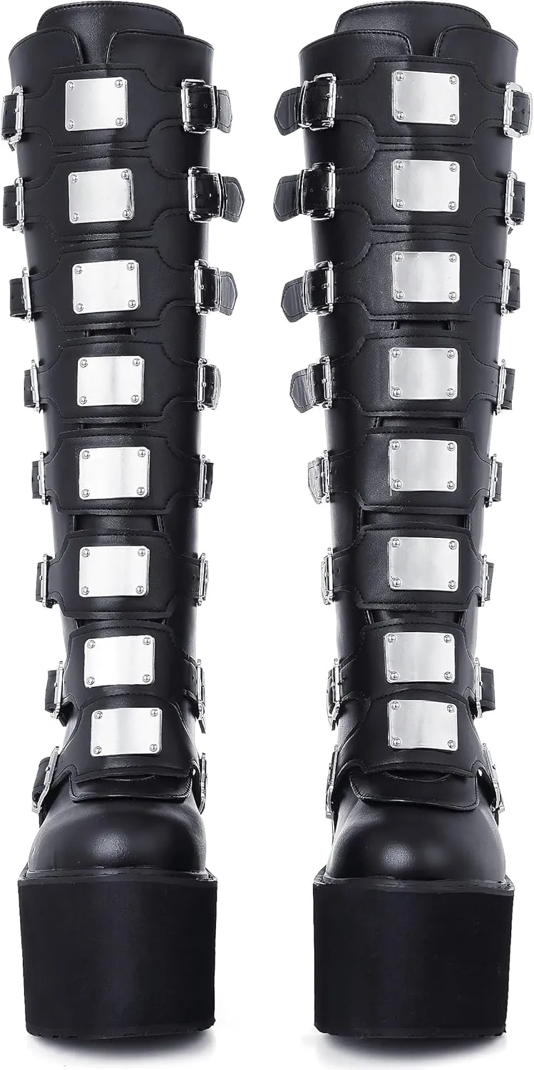 CELNEPHO Womens Wedge Platform Knee High Boots High Heel Round-Toe Zip Punk Goth Mid Calf Combat Boots For Women