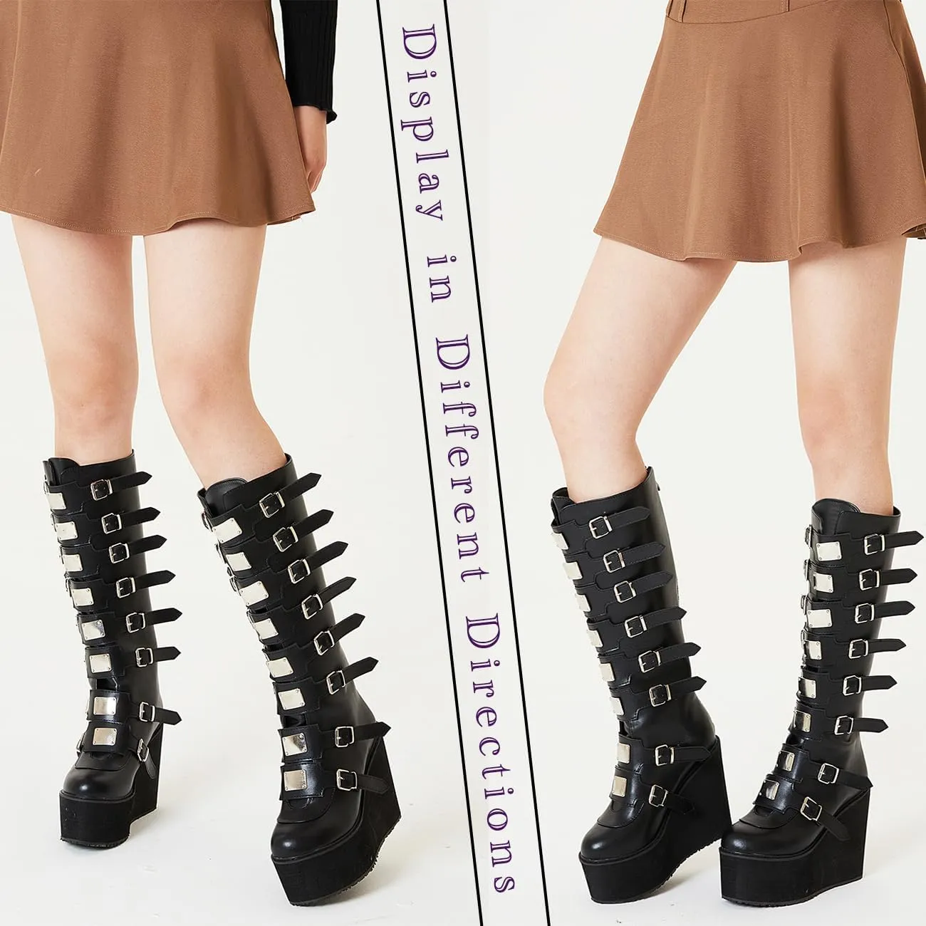 CELNEPHO Womens Wedge Platform Knee High Boots High Heel Round-Toe Zip Punk Goth Mid Calf Combat Boots For Women
