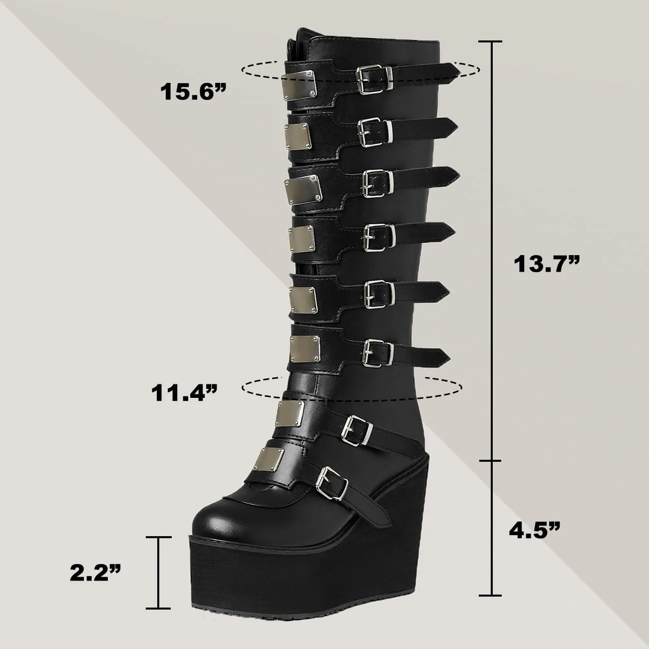 CELNEPHO Womens Wedge Platform Knee High Boots High Heel Round-Toe Zip Punk Goth Mid Calf Combat Boots For Women