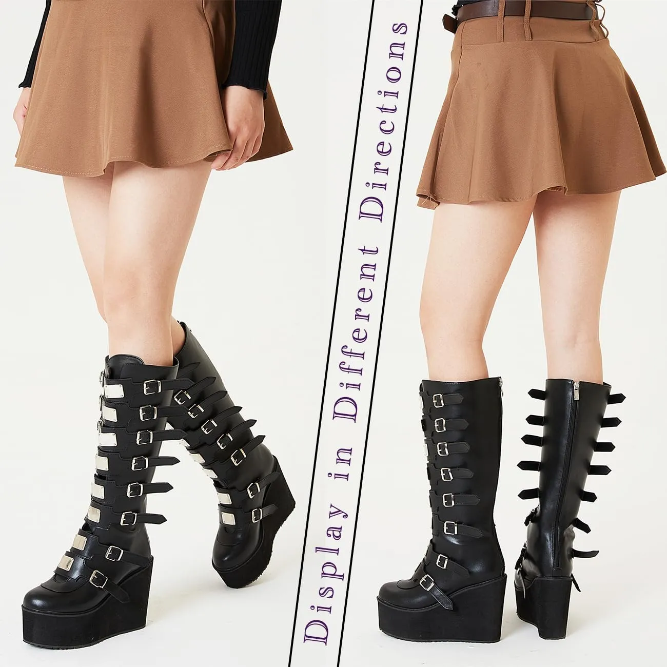 CELNEPHO Womens Wedge Platform Knee High Boots High Heel Round-Toe Zip Punk Goth Mid Calf Combat Boots For Women