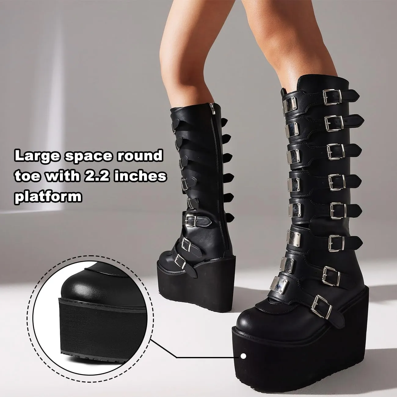 CELNEPHO Womens Wedge Platform Knee High Boots High Heel Round-Toe Zip Punk Goth Mid Calf Combat Boots For Women