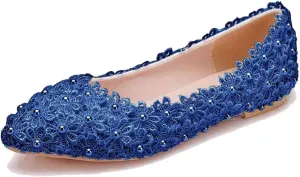 ChaiRong Zhou Women Beautiful Lace Ballet Flats with Pearl Flower Slip on Lightweight Breathable Flats Comfortable Pointed Toe Casual Dress Party Shoes