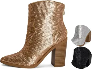 Chariot & Co Wyatt Sparkly Cowgirl Boots for Women – Silver, Gold, Black Western Ankle Booties with Rhinestones – Bedazzled Cowboy Boots 3.25” Heel