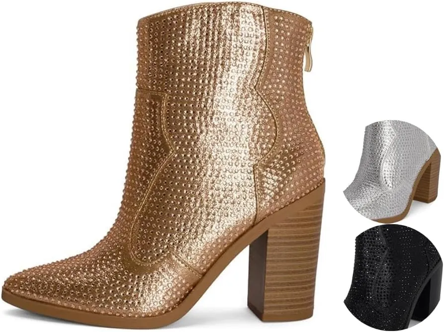 Chariot & Co Wyatt Sparkly Cowgirl Boots for Women – Silver, Gold, Black Western Ankle Booties with Rhinestones – Bedazzled Cowboy Boots 3.25” Heel