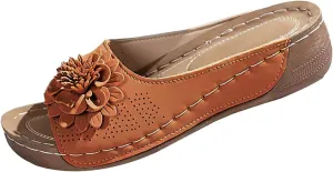 Chic Flower Sandals for Women Orthopedic Arch Support Leather Slippers Comfortable Non-Slip Solid Color Open-Toe Wedge Sandals Breathable Summer Orthotic Platform Wedge