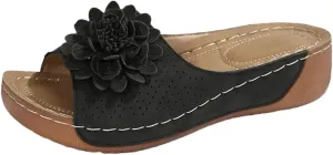 Chic Flower Sandals for Women Orthopedic Arch Support Leather Slippers Comfortable Non-Slip Solid Color Open-Toe Wedge Sandals Breathable Summer Orthotic Platform Wedge