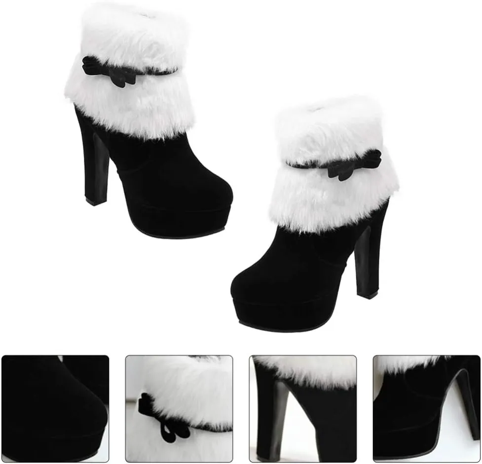 Christmas Ankle Boots Winter High Heel Platform Boot Plush Zipper Ankle Shoes Women Winter Short Boot with Bow Decor