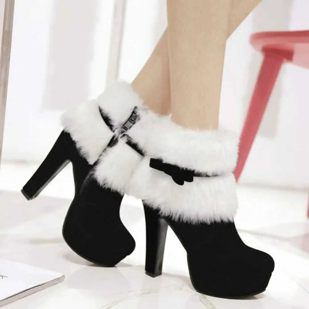 Christmas Ankle Boots Winter High Heel Platform Boot Plush Zipper Ankle Shoes Women Winter Short Boot with Bow Decor