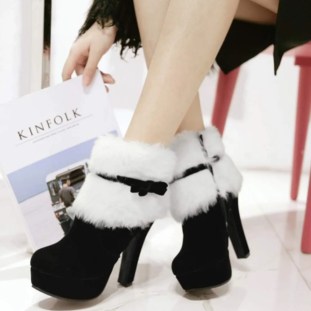Christmas Ankle Boots Winter High Heel Platform Boot Plush Zipper Ankle Shoes Women Winter Short Boot with Bow Decor