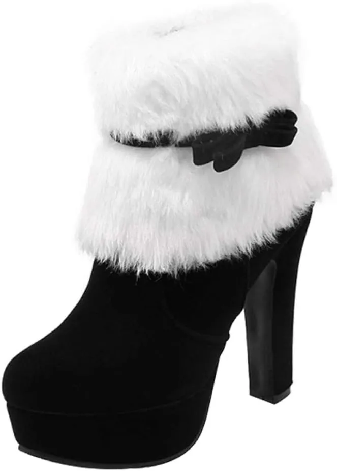 Christmas Ankle Boots Winter High Heel Platform Boot Plush Zipper Ankle Shoes Women Winter Short Boot with Bow Decor