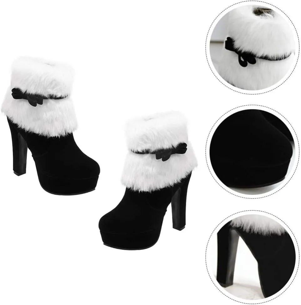 Christmas Ankle Boots Winter High Heel Platform Boot Plush Zipper Ankle Shoes Women Winter Short Boot with Bow Decor