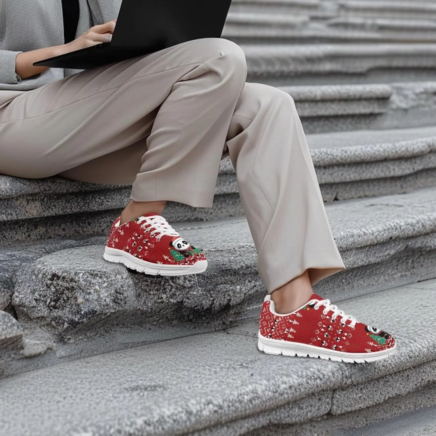 Christmas Women's Sneakers Soft Lace-Up Workout Tennis Sneakers for Womens Low-Top Anti-Skid Lightweight Outdoor Exercise Walking Shoes for Ladies US 5-12