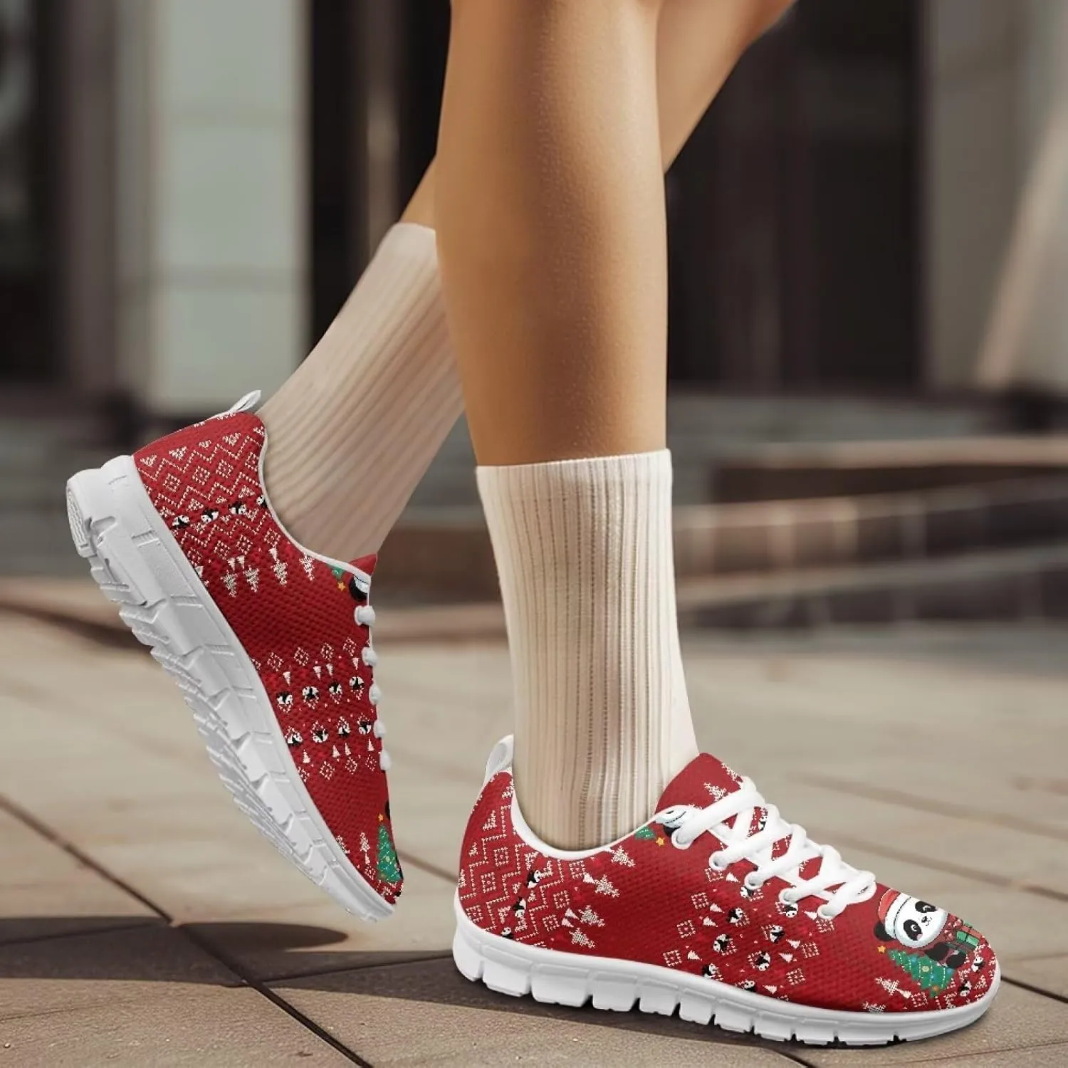 Christmas Women's Sneakers Soft Lace-Up Workout Tennis Sneakers for Womens Low-Top Anti-Skid Lightweight Outdoor Exercise Walking Shoes for Ladies US 5-12