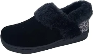 Clarks Womens Suede Leather Ankle Bootie Slipper JMH2034 - Plush Faux Fur Lined - Indoor Outdoor House Slippers For Women (9 M US, Black/Grey Leopard)