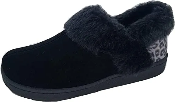Clarks Womens Suede Leather Ankle Bootie Slipper JMH2034 - Plush Faux Fur Lined - Indoor Outdoor House Slippers For Women (9 M US, Black/Grey Leopard)