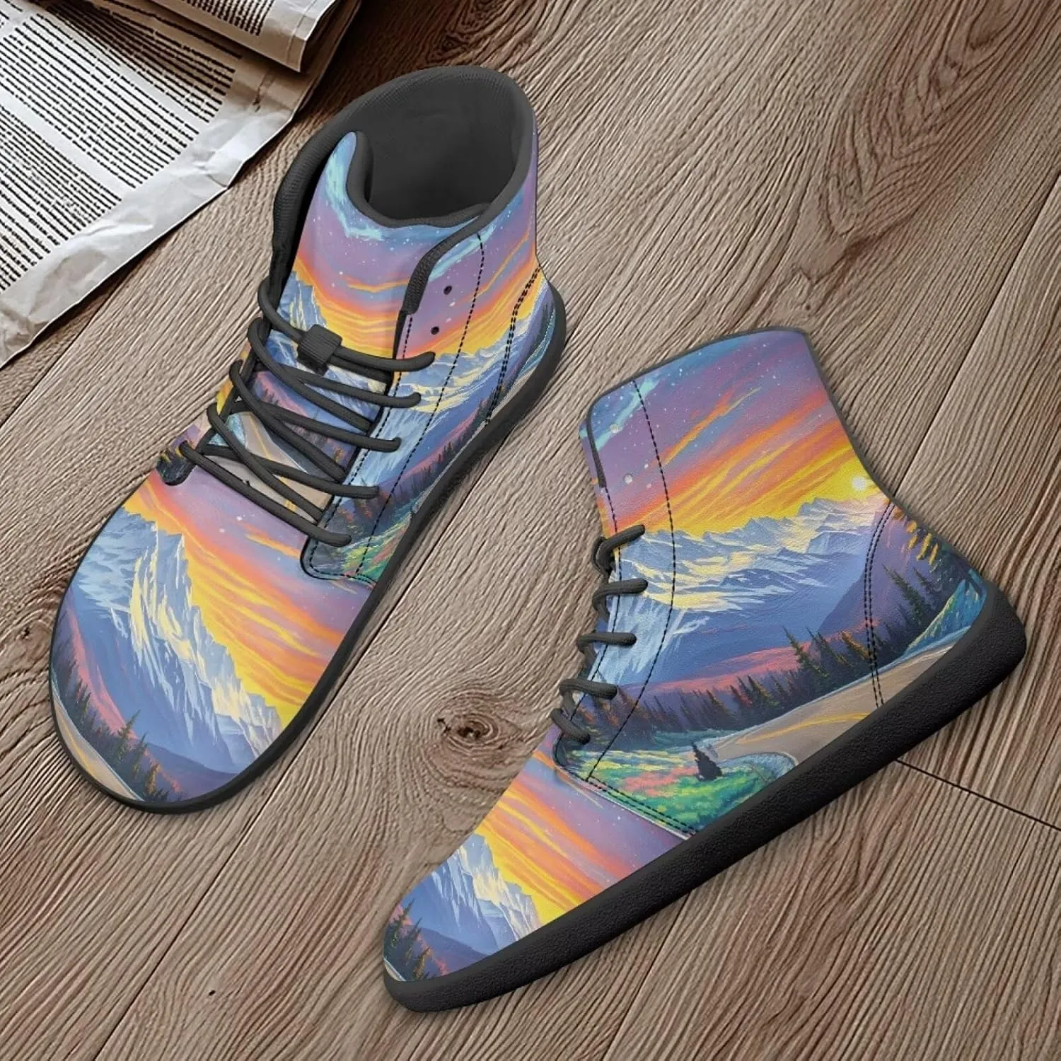 Coloranimal Women's High Top Barefoot Shoes Fashion Sneakers Wide Toe Box Shoes for Women Fashion Walking Shoes Lace Up Shoes Black Sole