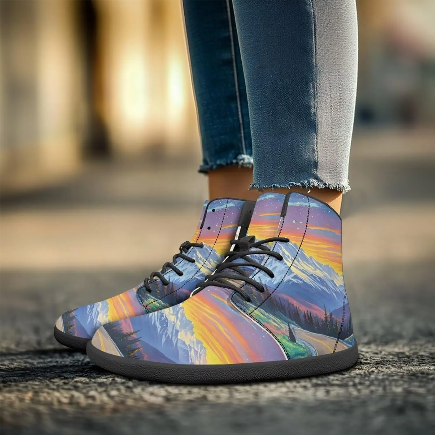 Coloranimal Women's High Top Barefoot Shoes Fashion Sneakers Wide Toe Box Shoes for Women Fashion Walking Shoes Lace Up Shoes Black Sole
