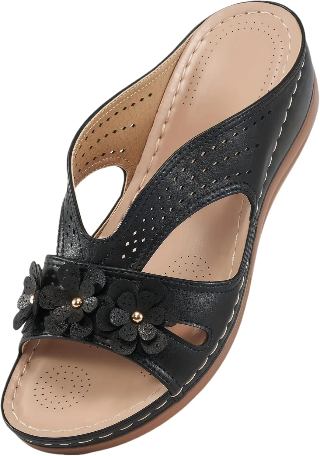 Comfortable Women's Sandals - Breathable Synthetic Cover with Floral Cut-Out Design - Slip-On, Open Toe, Arch Support, Non-Slip Rubber Sole for Beach, Poolside All-Season Footwear Massage Sandals