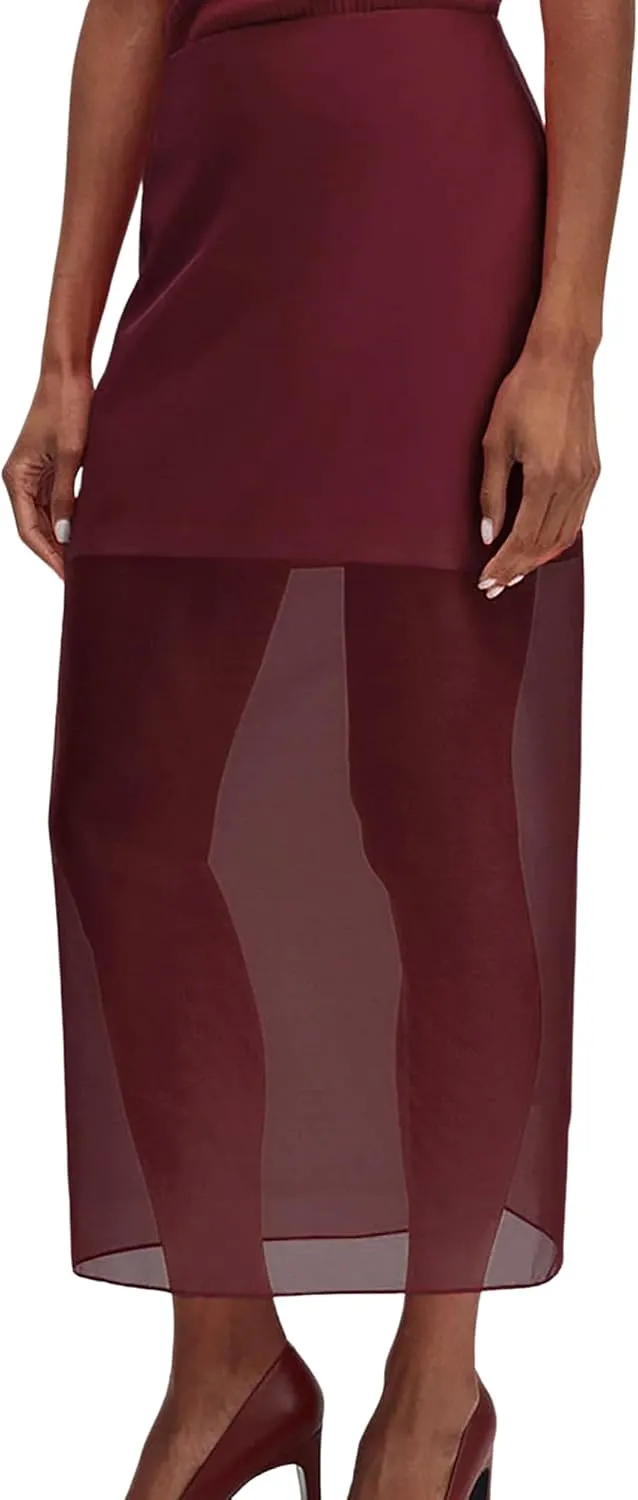 CORIRESHA Women's Sheer Mesh Back Split High Waisted Work Flowy Long Skirt