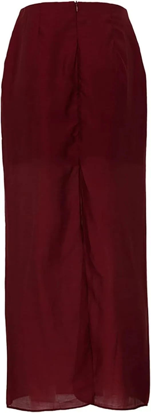 CORIRESHA Women's Sheer Mesh Back Split High Waisted Work Flowy Long Skirt