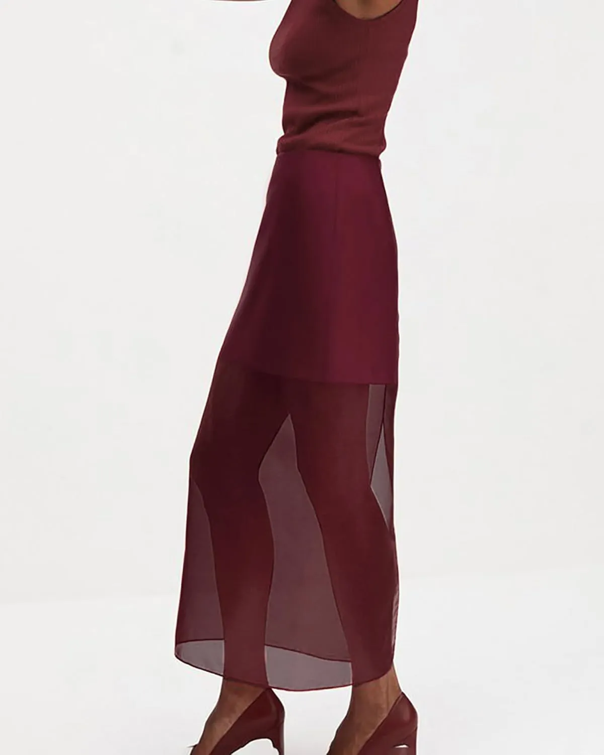 CORIRESHA Women's Sheer Mesh Back Split High Waisted Work Flowy Long Skirt