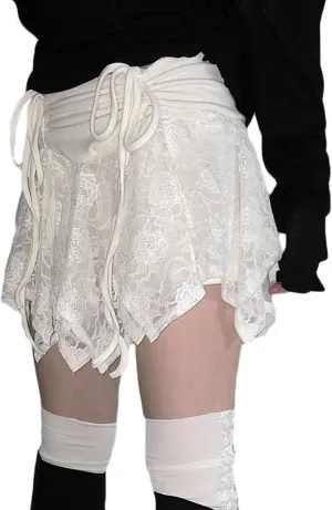 CORIRESHA Women's Y2K Asymmetrical Floral Lace Patchwork Drawstring Tied Bow Waist Mini Skirt