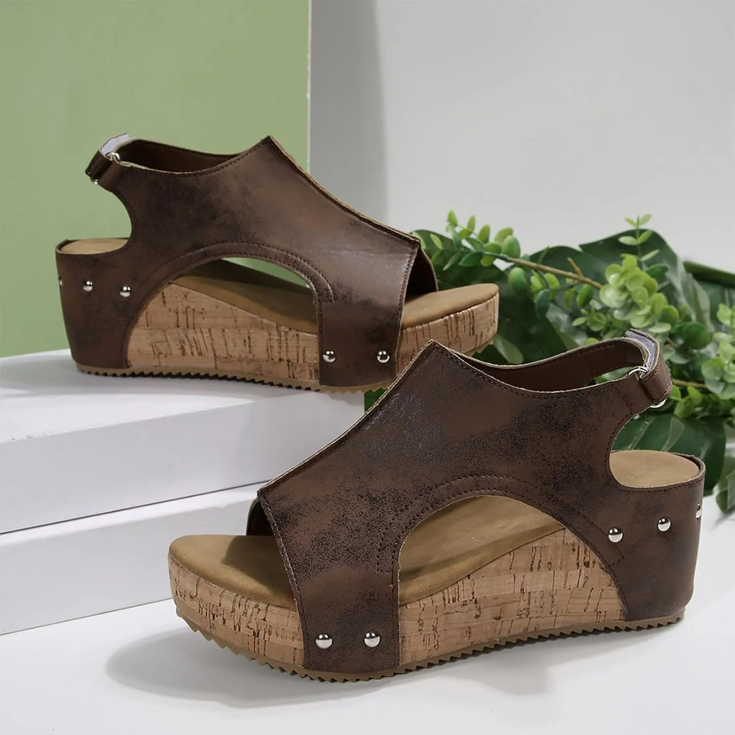 Cork Wedges & Platform Slides, Women's Thick Sole Comfy Leather Wedge Non-slip Slides, Summer Sandals Cork Sandals