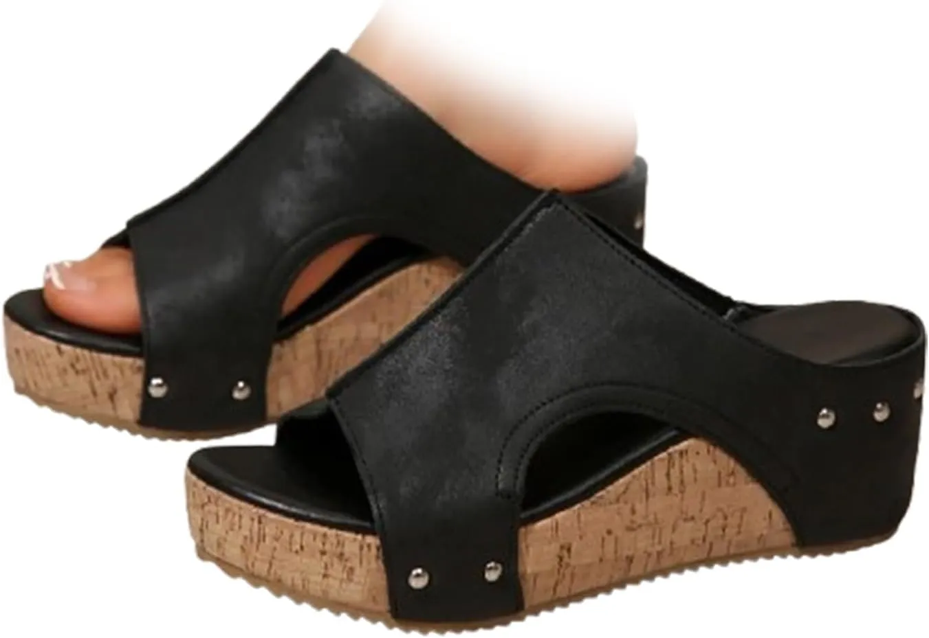 Cork Wedges & Platform Slides, Women's Thick Sole Comfy Leather Wedge Non-slip Slides, Summer Sandals Cork Sandals