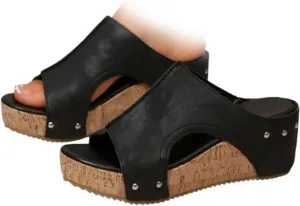 Cork Wedges & Platform Slides, Women's Thick Sole Comfy Leather Wedge Non-slip Slides, Summer Sandals Cork Sandals