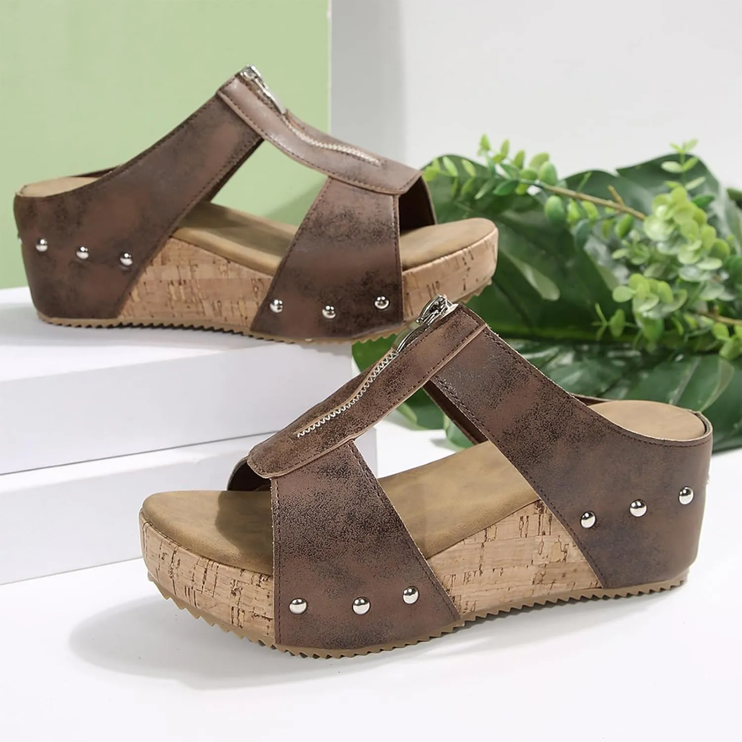 Cork Wedges & Platform Slides, Women's Thick Sole Comfy Leather Wedge Non-slip Slides, Summer Sandals Cork Sandals