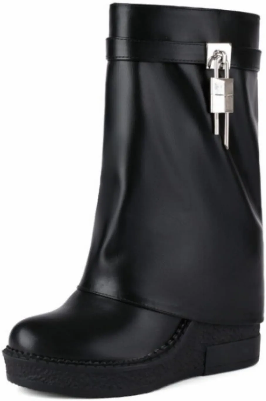 CORNMOOD Women Fold Over Shark Boots Wide Mid-calf Boots Platform Wedge Heel Almond Toe Faux Leather Pull On Short Booties with Padlock