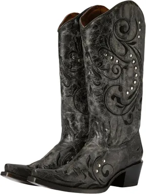 Corral Boots Women's Embroidery & Studs Western Boots | Snip Toe 13" Shaft Cowhide Leather Mid-Calf Cowboy Boots for Women