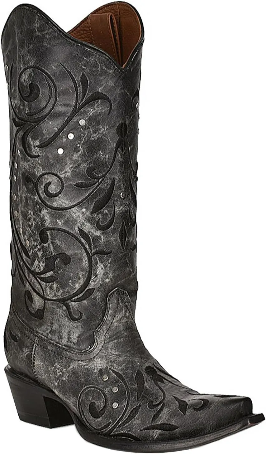 Corral Boots Women's Embroidery & Studs Western Boots | Snip Toe 13" Shaft Cowhide Leather Mid-Calf Cowboy Boots for Women