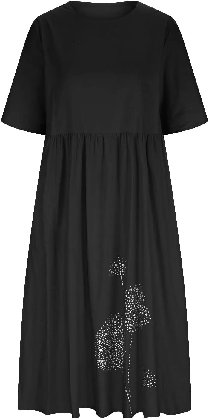 Cotton Linen Maxi Dresses for Women Casual Summer Plus Size Short Sleeve Tshirt Dress Ladies Beach Vacation Sundress