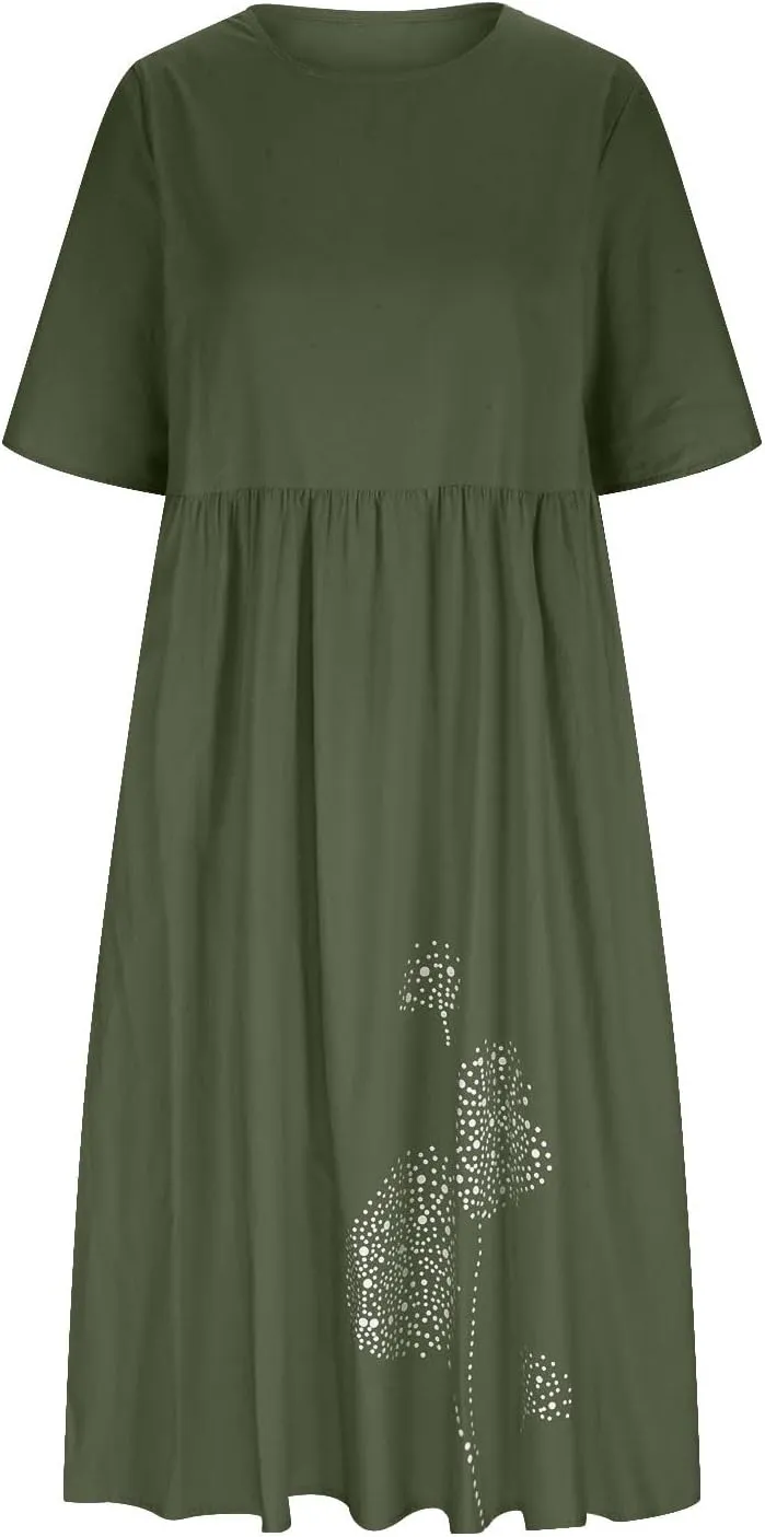 Cotton Linen Maxi Dresses for Women Casual Summer Plus Size Short Sleeve Tshirt Dress Ladies Beach Vacation Sundress