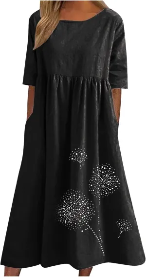 Cotton Linen Maxi Dresses for Women Casual Summer Plus Size Short Sleeve Tshirt Dress Ladies Beach Vacation Sundress