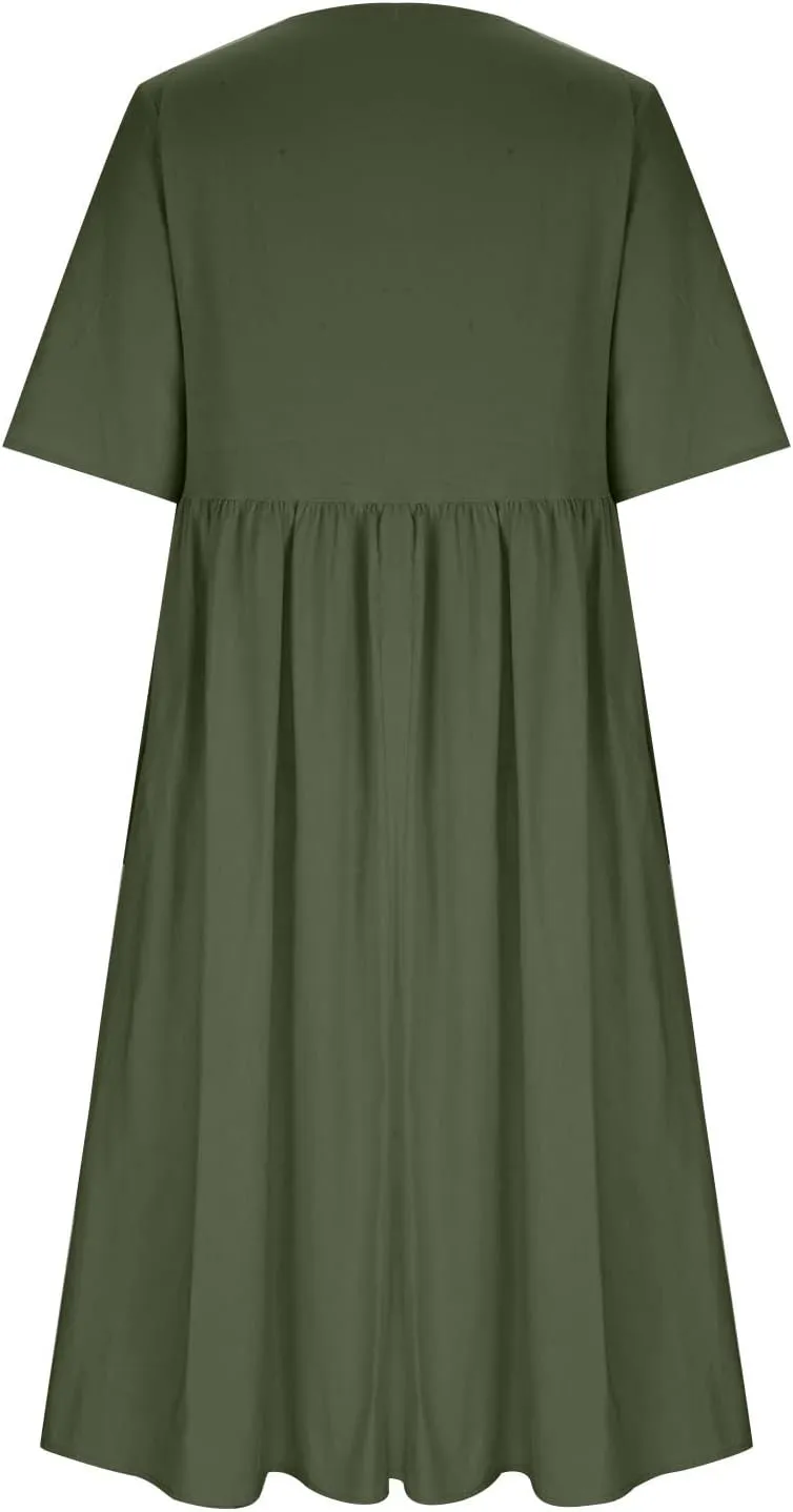 Cotton Linen Maxi Dresses for Women Casual Summer Plus Size Short Sleeve Tshirt Dress Ladies Beach Vacation Sundress