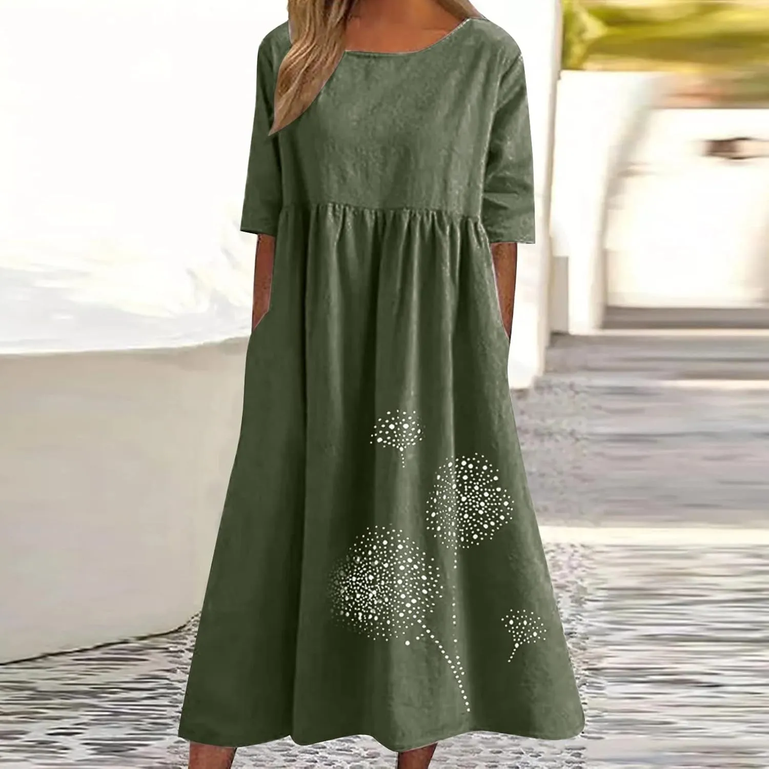 Cotton Linen Maxi Dresses for Women Casual Summer Plus Size Short Sleeve Tshirt Dress Ladies Beach Vacation Sundress