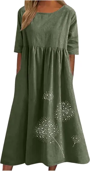 Cotton Linen Maxi Dresses for Women Casual Summer Plus Size Short Sleeve Tshirt Dress Ladies Beach Vacation Sundress