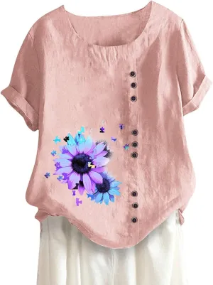 Cotton Tops for Women 2025 Summer Cotton Linen Shirts Scoop Neck Pleated Blouse Solid Color Cute Button Tunic Shirt