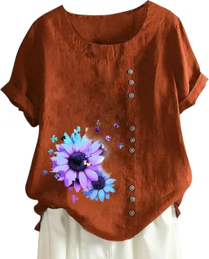 Cotton Tops for Women 2025 Summer Cotton Linen Shirts Scoop Neck Pleated Blouse Solid Color Cute Button Tunic Shirt